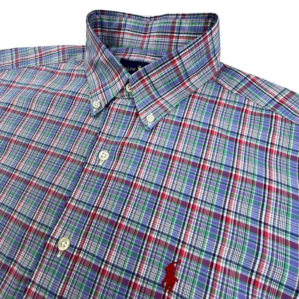 Polo Ralph Lauren Shirt Men Medium Colorful Plaid Oxford Cotton OCBD Preppy - Picture 2 of 10